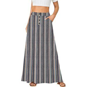 Women Multicolor High Waist Button Front A-Line Long Cozy with Pocket Maxi Skirt